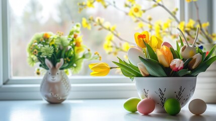 White bowl with colored easter eggs, bouquet of yellow tulips and daffodils flowers and green bunny rabbit on white kitchen table near window. Festive Ester spring card. Selective focus. Copy space.