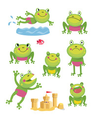 Cartoon frogs in swimming costumes on the beach in summer. Cute characters in flat style. Vector flat isolated illustrations on white background.