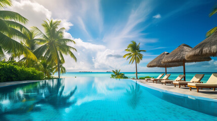 Fototapeta na wymiar holiday tropical hotel beach sea pool sunny day nobody background ai visual