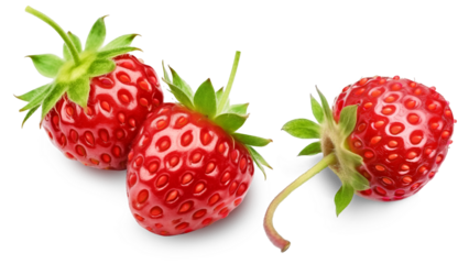 Three ripe wild strawberries isolated on a transparent background.