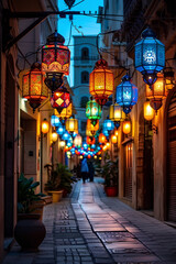 Colorful lanterns adorning Middle Eastern street for Ramadan
