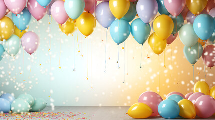 ibrant balloons and textured confetti backdrop create a joyful display for birthday party