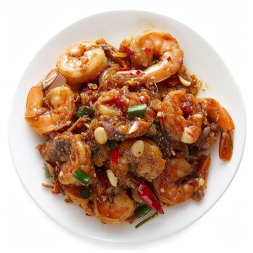 Sambal Udang: Stir-fried shrimp cooked with spicy sambal sauce made from chili peppers, garlic, shallots, tamarind, and other spices. photo on white isolated background