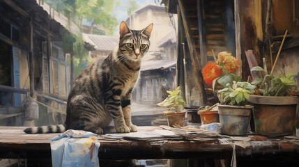 Thai cat with drawing style impressionist painting - obrazy, fototapety, plakaty