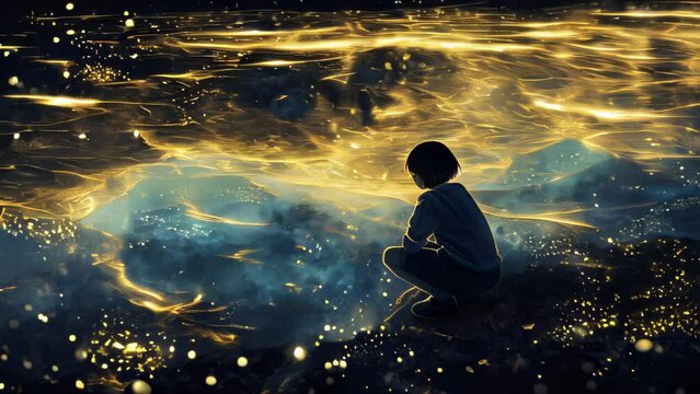Silhouette of child sitting atop dark surface, gazing at sprawling golden cityscape below. Luminous network of lights resembles cosmic web.