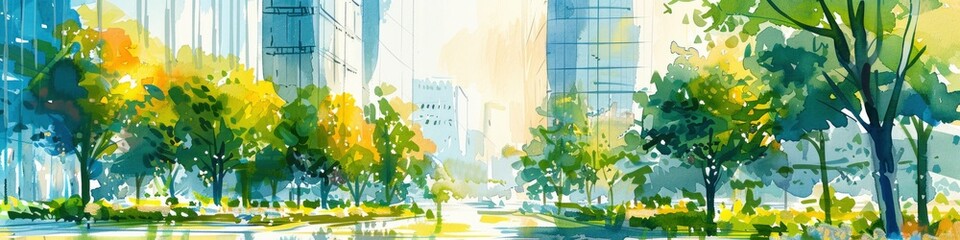 Watercolor green space in the city