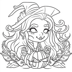 halloween coloring book for teens, vector illustration line art