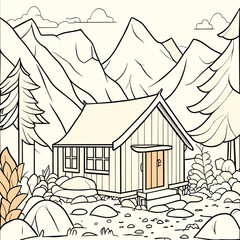 a shed on the mountain autumn season coloring book, vector illustration line art