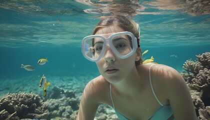 Fototapeta premium Young woman snorkeling with fishes at coral reef
