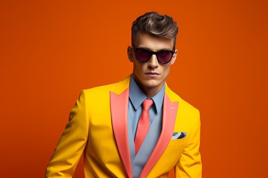 Bright colors and sleek lines define a male model's ensemble as he poses against a solid background, his allure captivating the viewer's imagination.