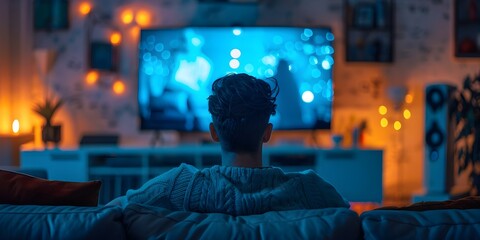 Obraz premium Man Relaxing with Television in Modern Home, To show a man enjoying his leisure time at home in front of the television, highlighting the importance