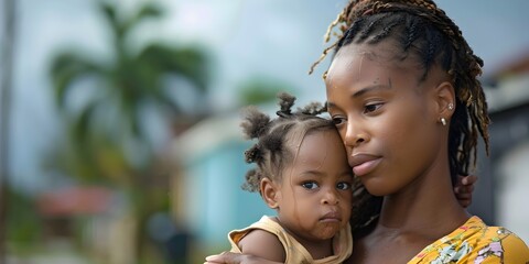 Protective Embrace A Haitian Woman and Her Child, To capture the resilience and love within the Haitian community, highlighting the importance of - obrazy, fototapety, plakaty