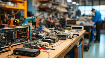 Hands-on workshop environment with community members engaged in electronics assembly