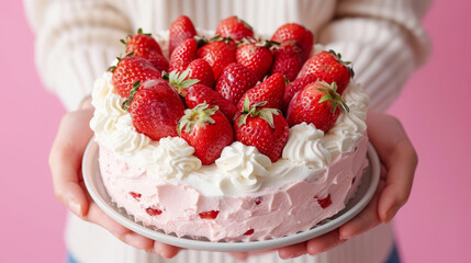 Close up of a person holding a heart-shaped strawberry cake