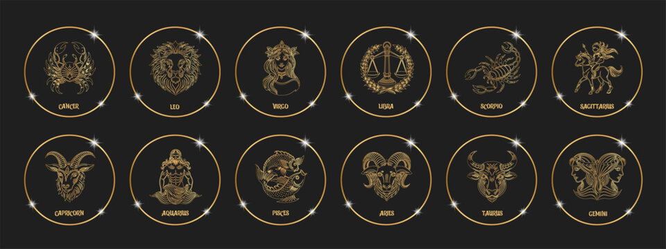 Set of astrology zodiac signs, mystical round icons. Gold outline design. Esoteric symbols for logo or icons. Vector