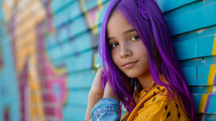girl with vibrant purple hair posing against a colorful graffiti wall