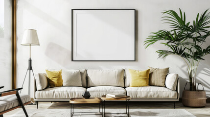 Modern living room interior with blank art frame on wall