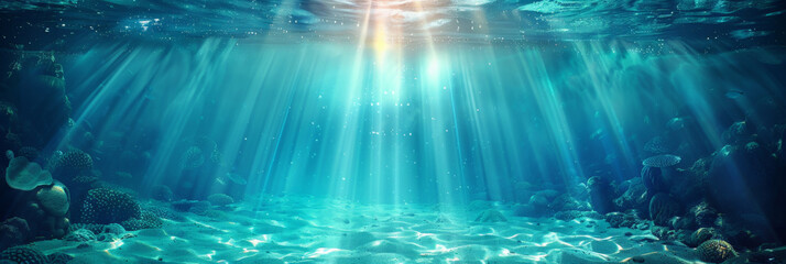 underwater scene with rays of light and sun, Underwater blue  sea water with sunlight background landscape, banner - obrazy, fototapety, plakaty