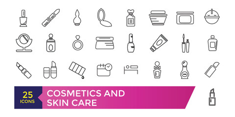 Cosmetics and skin care icon set. Moisture cream, acid, anti wrinkle serum, sunscreen Outline signs for skincare products.