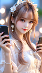 A beautiful and cute virtual idol girl is holding a smartphone. Cosplayers. Video distribution. Streaming.