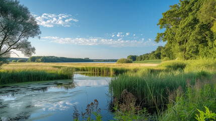 Fototapeta na wymiar Serene summer landscape of Brandenburg with clear blue skies and lush greenery