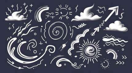 Abstract artistic illustration of motion lines, arrows, curves, waves, and sun