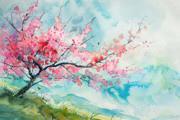 Obraz na płótnie Canvas Watercolor Whimsy: Vibrant Cherry Blossoms in Artistic Bloom