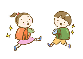 ピカピカのランドセルを背負った元気な小学1年生男女の手描きイラスト
