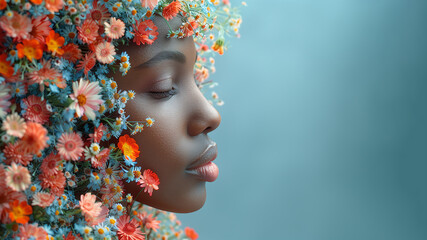 Portrait of women with flower in the hair, beauty and fashion, subtle and natural make up, romantic flowers. 