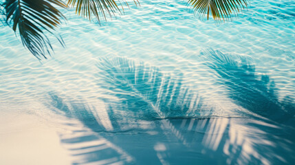 Fototapeta na wymiar Top view of tropical palm leaf shadows on a serene water surface