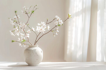 Zen Blossom Vase: Minimalist Japanese Sakura Arrangement by Window Light