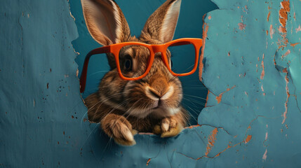 A humorous image of an adorable bunny wearing pink glasses, popping its head through a teared pink paper wall.