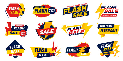 Flash Sale banner labels collection with bolt symbols. Discount, sale, special offer banners. Flash sale icons