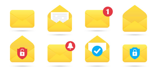 Yellow letter for mail and message. New message, bell notification, check mail icons. Set of mail letter with shadow. Envelopes icons