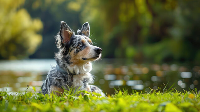 A Blue Merle Cardigan Welsh Corgi, a small herding dog from Wales, sits in the lush green grass by the water at a lake in the park during summertime.