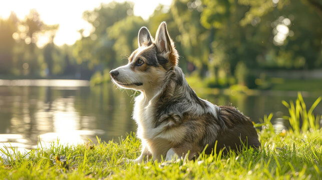 A Blue Merle Cardigan Welsh Corgi, a small herding dog from Wales, sits in the lush green grass by the water at a lake in the park during summertime.