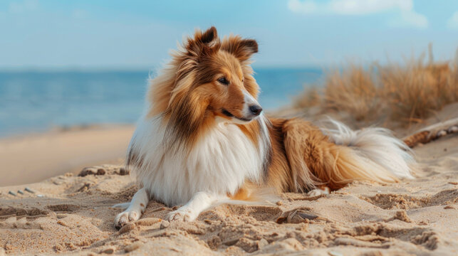 A young Shetland Sheepdog with a fluffy brown and white coat is lying down on top of a sandy beach, enjoying the warm sun and ocean breeze.