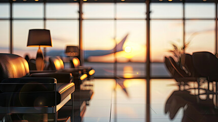 Airport lounge with airplane blurred background. 3d rendering. - obrazy, fototapety, plakaty