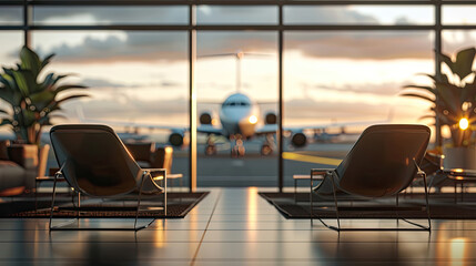 Airport lounge with airplane blurred background. 3d rendering. - obrazy, fototapety, plakaty