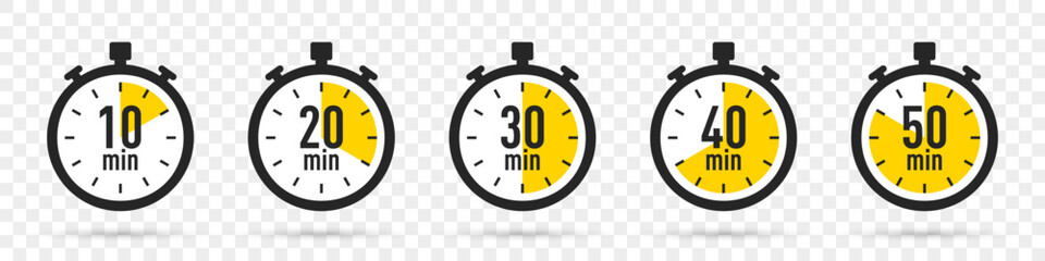 Timer icons with shadow on a transparent background. Stopwatch icons collection in a flat design. Vector illustration