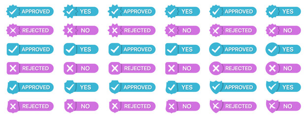 Set of approved and rejected badges icon in a flat design. Yes and no badges collection on a white background