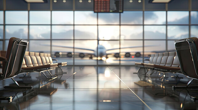 Airport lounge with airplane blurred background. 3d rendering.