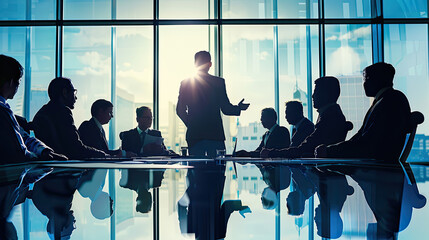 Businessman leading a business meeting and sharing some ideas with a group of people. - obrazy, fototapety, plakaty