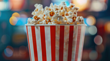 Close up image of a red and white striped popcorn cup with lots of popcorn in a movie theater generative AI.