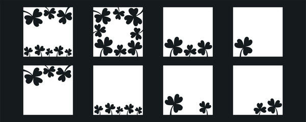 Four leaf clover flower frame for Saint Patrick day - good lucky symbol. Vector stock minimalism illustration isolated on black background for design template social media. Editable stroke. 