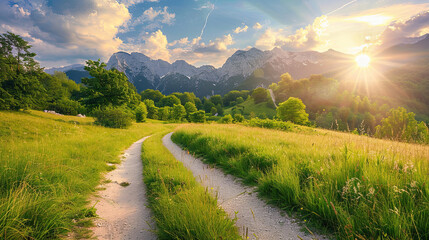 Naklejka premium Country road and green meadow with mountain nature landscape in summer.