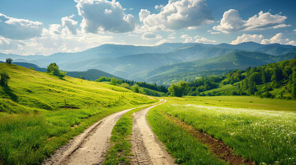 Country road and green meadow with mountain nature landscape in summer.