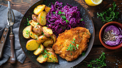 Crispy breaded fried cutlet with baked potatoes and cooked red cabbage on wooden table.