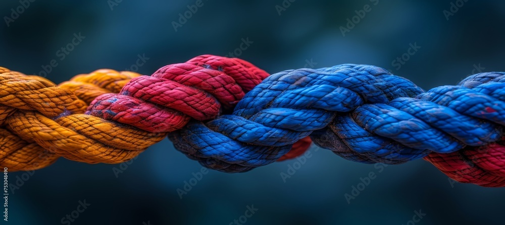 Poster strong diverse team connected by colorful rope network for unity and cooperation