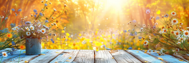 empty wood table on beautiful daisies flower background at sunny day, beige wood table on blurred natural flower spring background with bokeh light, empty space, product display,banner